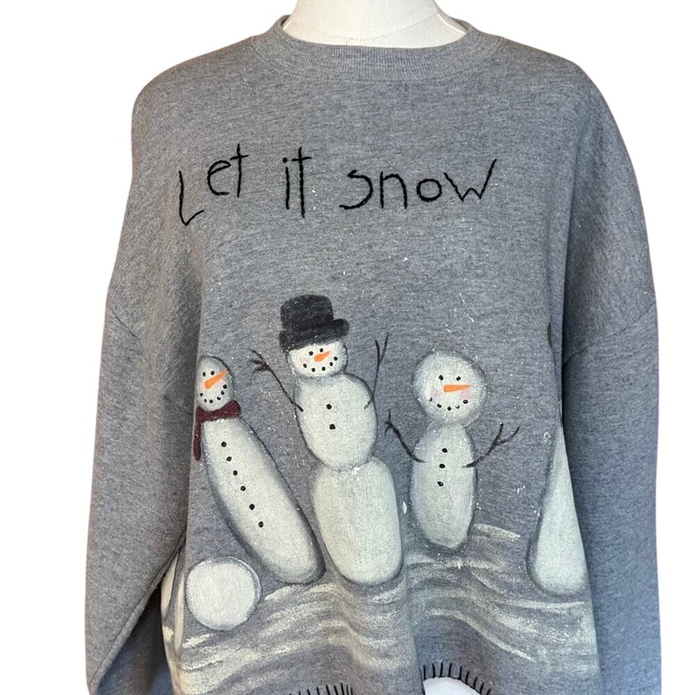 Festive Grey “Let It Snow” Sweatshirt XL Painted Snowman Holiday Pullover